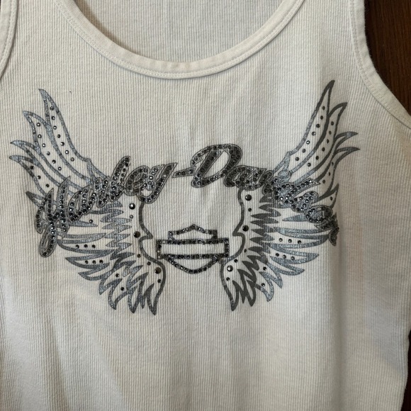 Harley Davidson Women's White Ribbed Tank Top Rhinestone Wings Biker Large - Picture 2 of 6